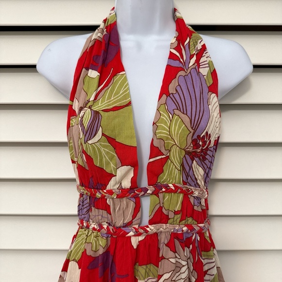 Floral Halter Neck Dress - Red, Green, Purple - Picture 2 of 4